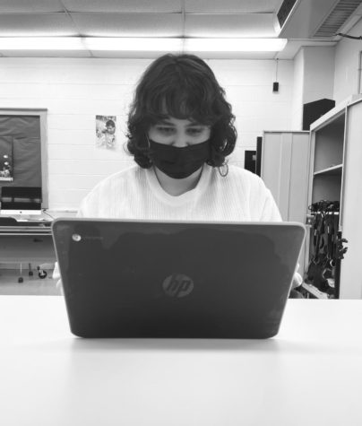Shawnee Student, Ally Storer, working on a school-issued Chromebook.